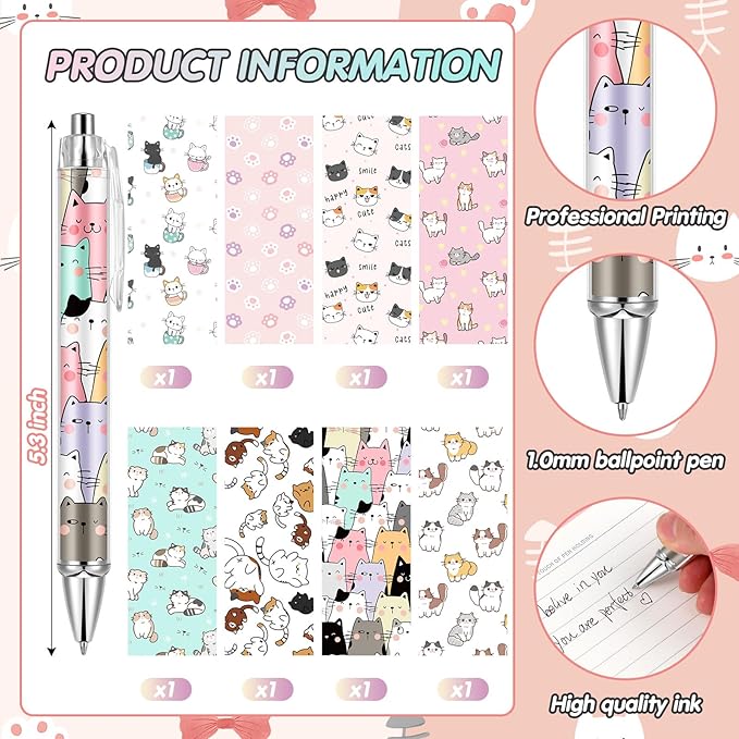 Ireer 8 Pcs Ballpoint Pens for Women 1.00 mm Cute Black Ink Fancy Pens Fine Point Smooth Writing for Journaling Aesthetic Office Supplies(Cat)