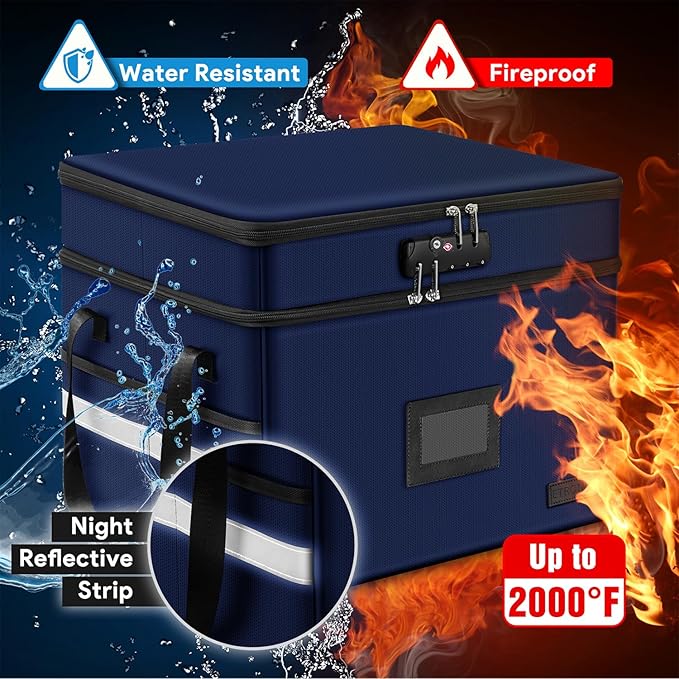 ETRONIK Fireproof Document Box with Lock, 2-Layer File Box Storage Organizer with 5 Tabs& Insert, Portable File Cabinet Storage Box with Handle for Hanging Letter/Legal Size Folder/Certificate, Blue