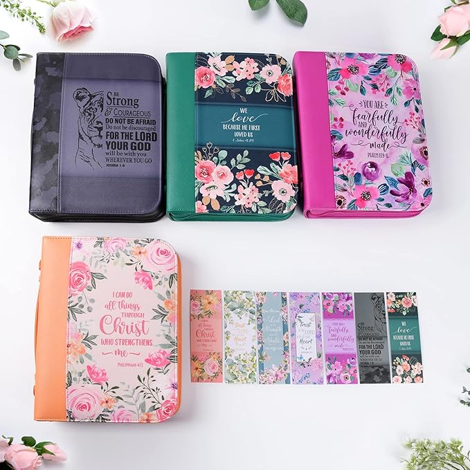 Bible Cover Case for Women with 7 Beautiful Paper Bookmarks Floral PU Leather Bible Cover Bag with Pockets and Zipper for Standard and Large Size Study Bible 10.8"x7.8"x2" (Coral Floral)