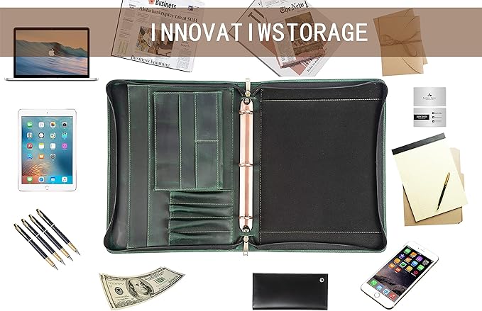 AZXCG Padfolio for Men, Leather Document Organizer with 3 Ring Binders, Legal Pad Resume Holder, Work Binder Folder, Zip Binders 3 Ring, Green, Gift for Men/Son