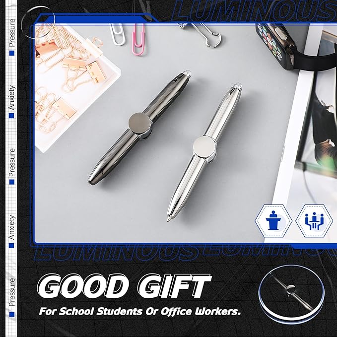 Chinco 2 Pieces Fidget Spinning Pen with LED Light Multi Functional Help Thinking Ballpoint Gift Pen for Adults Students Teenage(Gray, Silver)