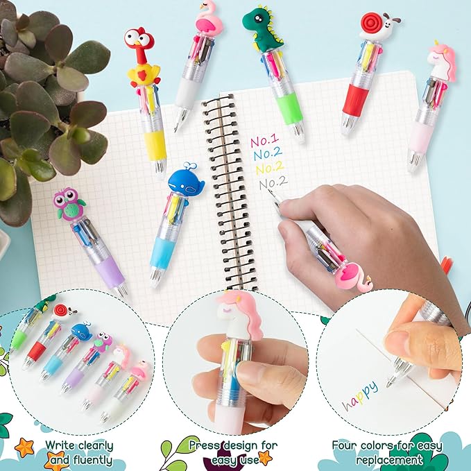 ANGOLIO 84Pcs End of Year Student Gift Includes Cute Cartoon 4 in 1 Multicolor Retractable Ballpoint Pen with Gift Cards for Kindergarten Party Gifts Bulk for School Exchange Gift