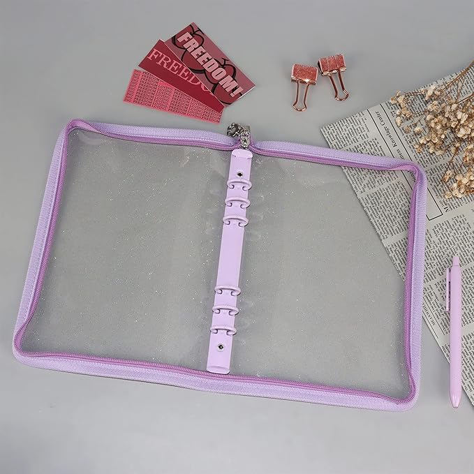Multibey A5 Binder Cover Clear Soft PVC 6-Ring Binder Budget Cash Evelopes System with Zipper Planner Organizer Refillable Notebook Journal Binder (Purple, A5)