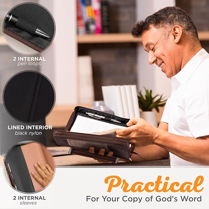 Christian Art Gifts Brown Faux Leather Classic Bible Cover A Man’s Heart - Proverbs 16:9 Bible Case Book Cover for Men or Women XL