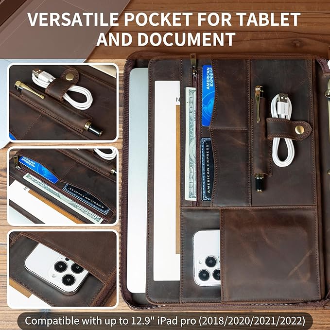 YIWEN Handmade Crazy-Horse Leather 3 Ring Binder Portfolio Padfolio Folder with Zipper for Men and Women, Business Organizer for Letter A4 Size for Meeting and Travel (Non-custom, Dark Khaki)