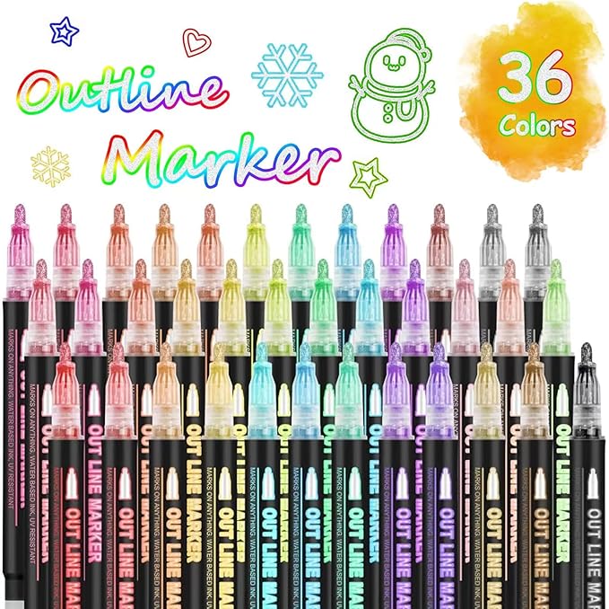 Double Line Outline Markers 36 Colors Super Squiggles Glitter Markers Self Outline Metallic Markers, Shimmer Markers Doodle Drawing Pens for Christmas Greeting Card, Birthday Gift, DIY Art Crafts