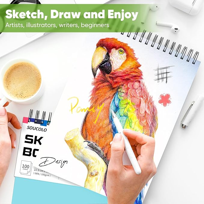Soucolor 9" x 12" Sketch Book, 1-Pack 100 Sheets Spiral Bound Art Sketchbook, Acid Free (68lb/100gsm) Artist Drawing Book Paper Painting Sketching Pad for Kids Students Adults Beginners