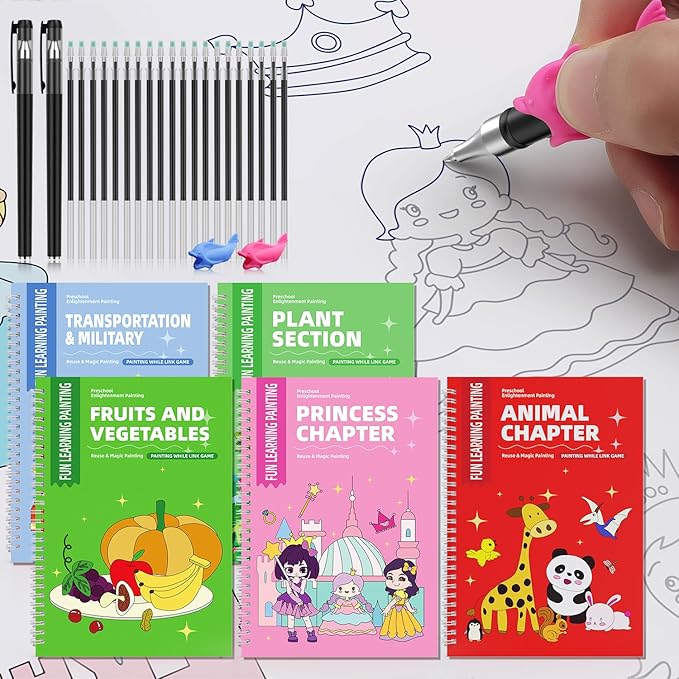 WANFRES Grooved drawing book for kids age 3-8,Sketchbook for kids who love to draw,Grooved handwriting practice for Kids,Reusable grooved Handwriting workbooks,Childrens drawing book(5 Books with pen)
