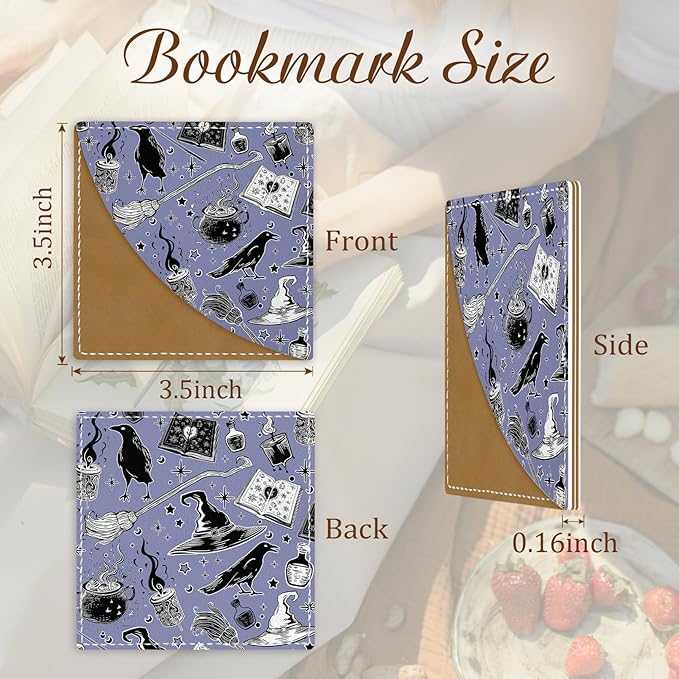 Gothic Crows Bats Corner Bookmarks, Cute Leather Book Accessories for Book Lovers, 3 Pcs Reading Book Page Markers for Women Men Student Teacher Girls Boys Kids Retirement Birthday Gifts