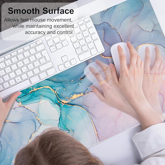 QIYI Large Mouse Pad, PU Leather Desk Mat for Desktop, Waterproof Gaming Desk Pad, Marble Full Desk Accessories Keyboard Mousepad, Abstract Art Home Office Décor 31.5" x 15.7" - Blue Pink Fluid