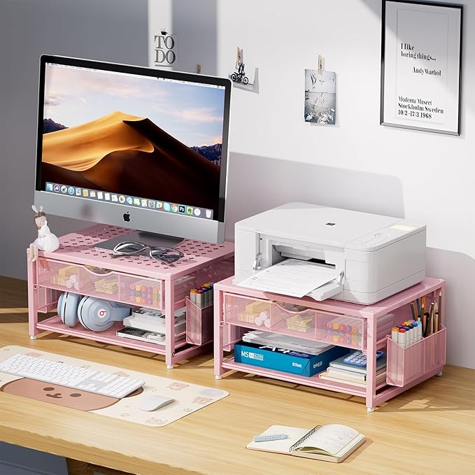 Marbrasse Metal Printer Stand for Desk with Storage Drawer and 2 Pen Holders, 2-Tier Desktop Organizer Printer Table for Home Office, Multi-Purpose Desk Organizer for Fax Machine Scanner Files(Pink)