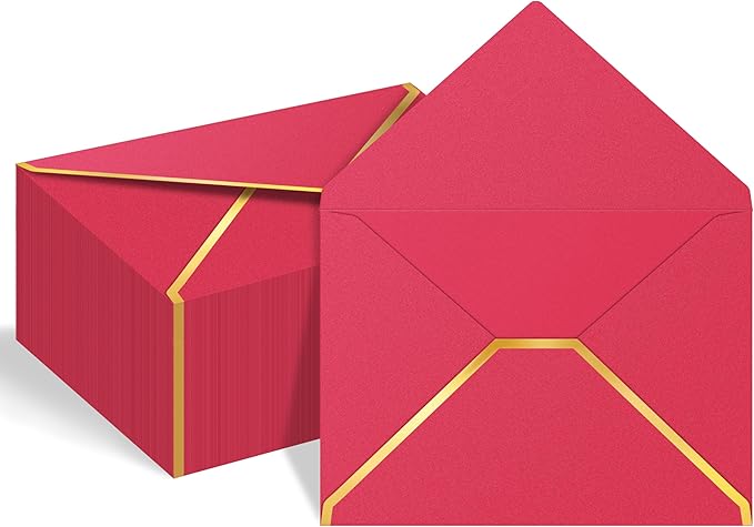 60 Pack Gold Envelopes 5x7 Rose Red, 250G Pearled Cardstock A7 Envelopes for Invitations Business Mailing Envelope with Gold Foil Border, A6 4x6 Envelopes for Wedding Baby Shower Cards