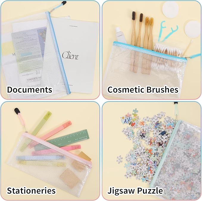 EOOUT 24pcs Mesh Zipper Pouch, Waterproof Zipper Bags, 8 Sizes Plastic Travel Pouch, 8 Colors, Multipurpose for Office Supplies and Travel Storage