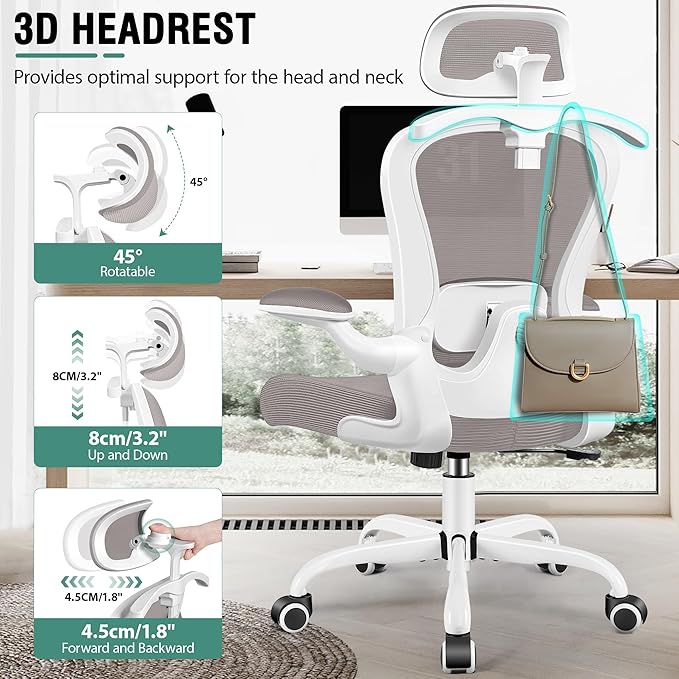 Office Chair, Ergonomic Office Chair with 3D Lumbar Support 3D Headrest, Comfy High Back Home Desk Chairs, Breathable Mesh Computer Chairs with Flip-Up Armrests & Hanger(Gray)