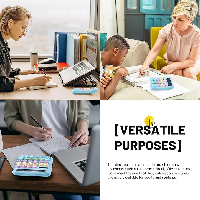 Golcellia Calculators Desktop, Blue Mechanical Calculator, Cute Calculator 12 Digit Desk Basic Calculator Large Display, Dual Power Solar Battery, Office Home School Supplies for Adults & Students