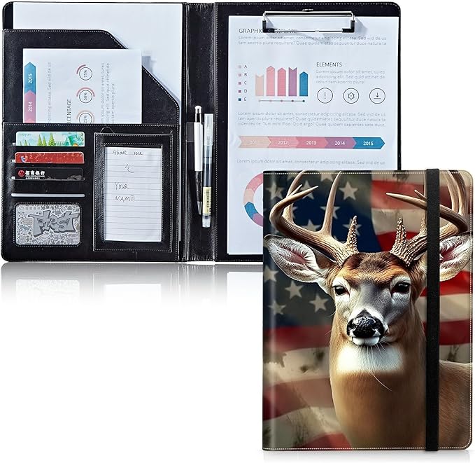 Padfolio Folder with Clipboard,Portfolios Organizer Clipboards with Storage Clipboard Writing Pad PU Leather Conference Document Organizer with Business Card Holder,Flag Deers