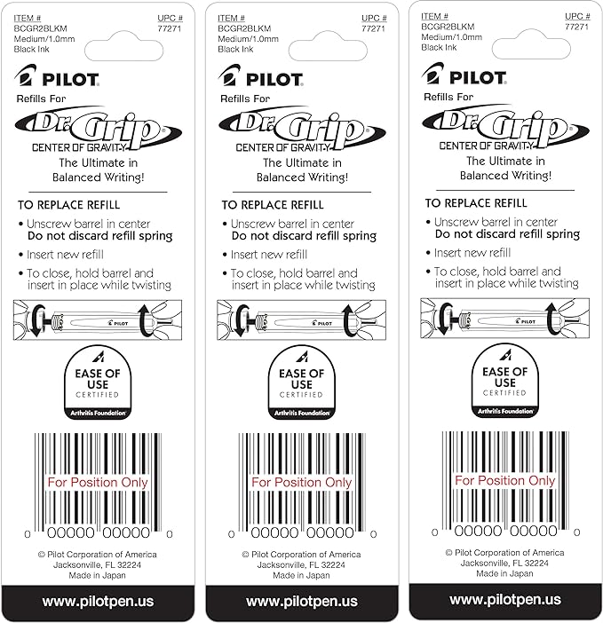 Pilot Dr. Grip Center of Gravity Ballpoint Pen Refills, Medium Point, Black Ink, 3 Packs of 2 Refills (6 Refills Total)