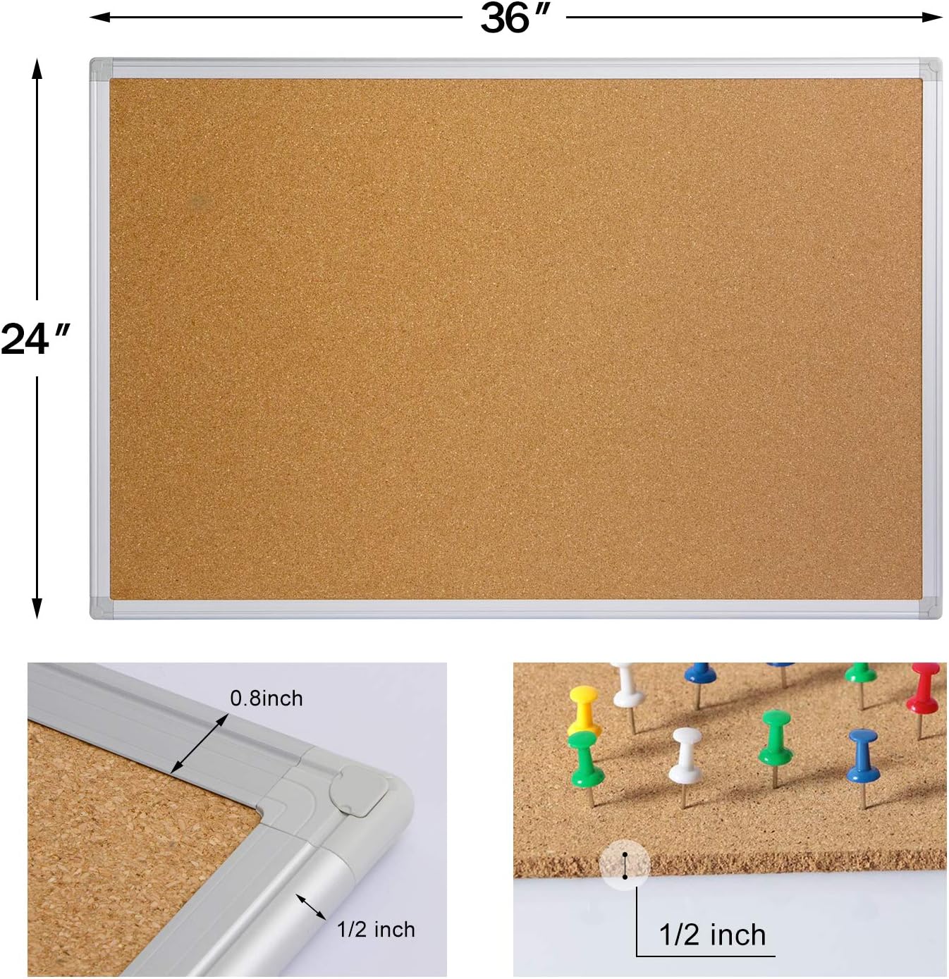 Board2by Cork Board Bulletin Board 24 x 36, Silver Aluminium Framed 2x3 Corkboard, Office Board for Wall Cork, Large Wall Mounted Notice Pin Board