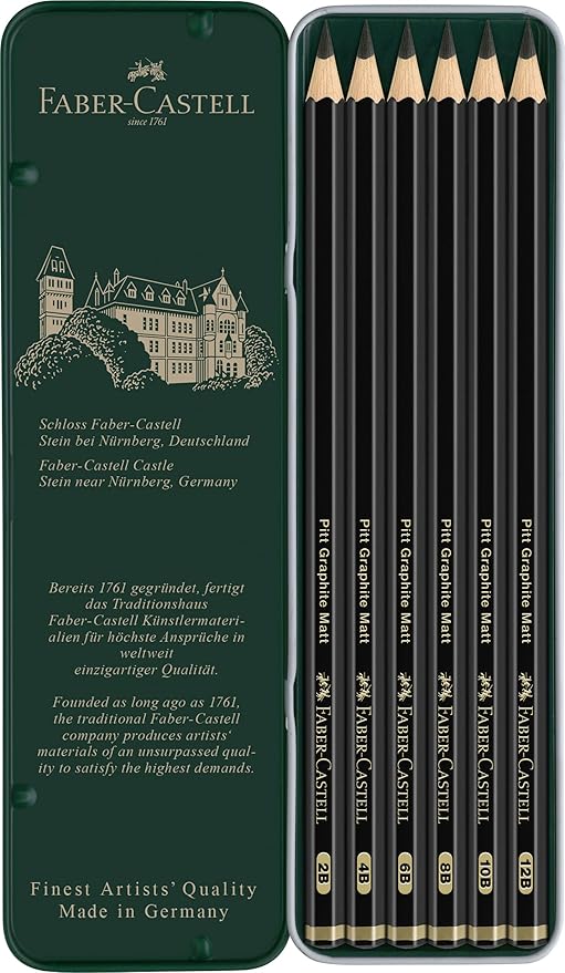 Faber-Castell Pitt Graphite Matte Pencil Set, Metal Tin of 6 Graphite Pencils, Sketching and Drawing Pencil Set (B, 4B, 6B, 8B, 10B, 12B)