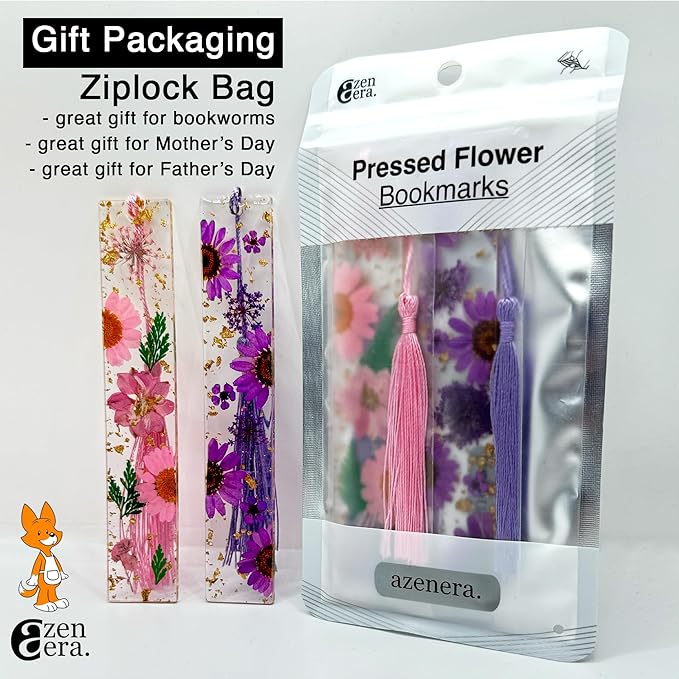 Pressed Flower Bookmarks (2 Pack) Clear Dried Floral Resin with Tassels Handmade Gift for Women, Students, Bookworms, Book Lovers, Accessories to Increase Reading Interest