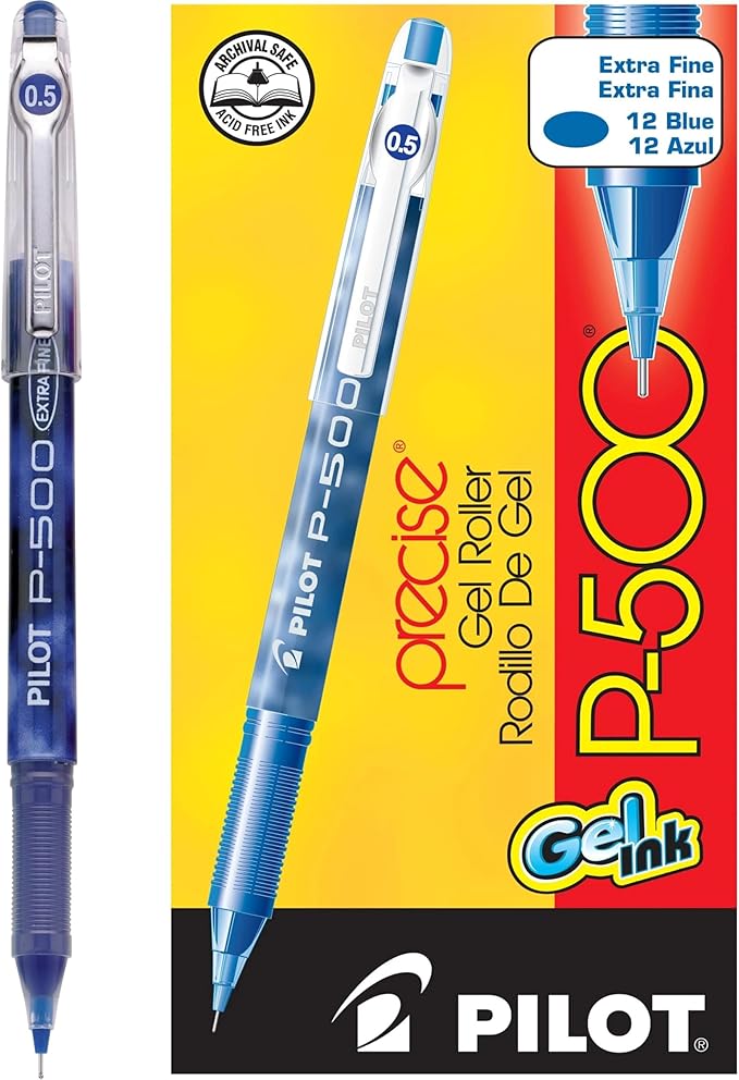 Pilot, Precise P-500 Gel Ink Rolling Ball Stick Pens, Marbled Barrel, Extra Fine Point 0.5 mm, Blue, Pack of 12