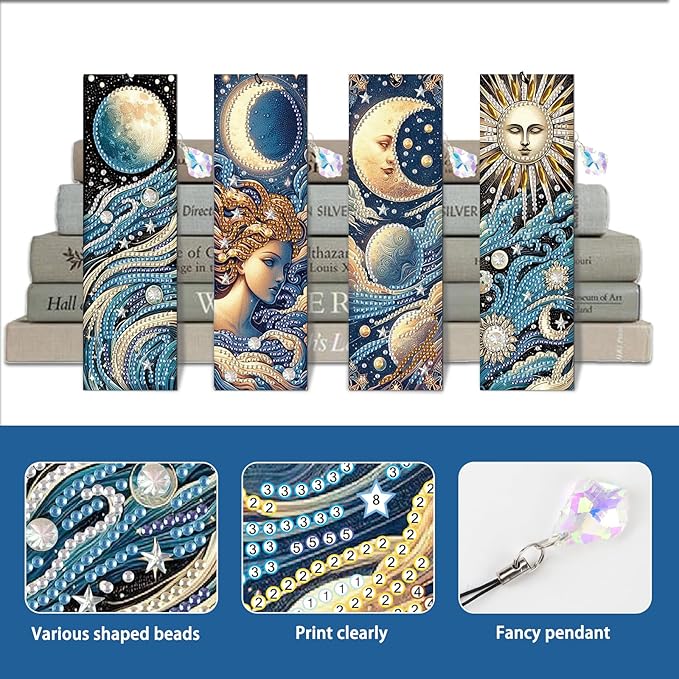 4-Piece Diamond Painting Bookmarks Set for Adults – Sun, Moon, and Waves Design DIY 5D Rhinestone Diamond Art Bookmark Kits with Tassels, Beautiful Diamond Art Bookmarks for Crafts Gifts