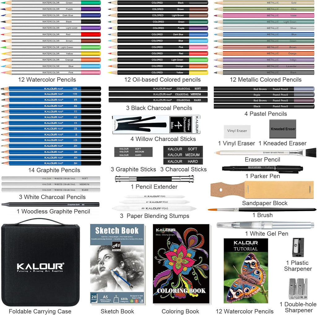 KALOUR 82 Pack Drawing Sketching Kit, Pro Art Supplies with Sketchbook, Include Tutorial,Colored, Graphite, Charcoal, Watercolor,Metallic & Pastel Pencils, Drawing Set for Adults Teens Beginner