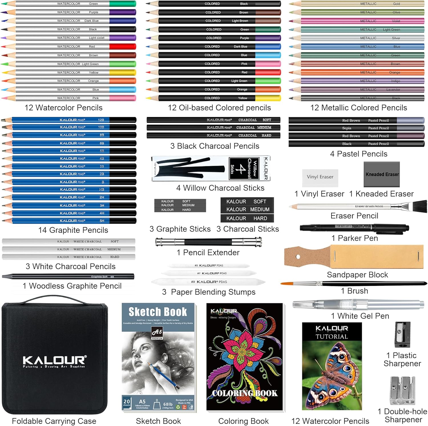 KALOUR 82 Pack Drawing Sketching Kit, Pro Art Supplies with Sketchbook, Include Tutorial,Colored, Graphite, Charcoal, Watercolor,Metallic & Pastel Pencils, Drawing Set for Adults Teens Beginner