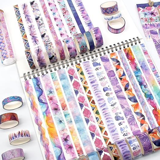 Washi Tape Set 30 Rolls - Colored Decorative Tape, Adhesive Art Tapes for Journaling, Scrapbooking Supplies, DIY Crafts, Junk Journal, School Supplies, Pink Purple Washi Tpae