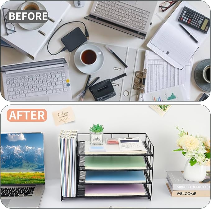 OPNCIE Desk Organizers and Accessories, 4 Tier Paper Letter Tray File Organizer, Office Organization Storage Desk Accessories Workspace Desktop Organizer for Classroom Office Supplies Decor, Black