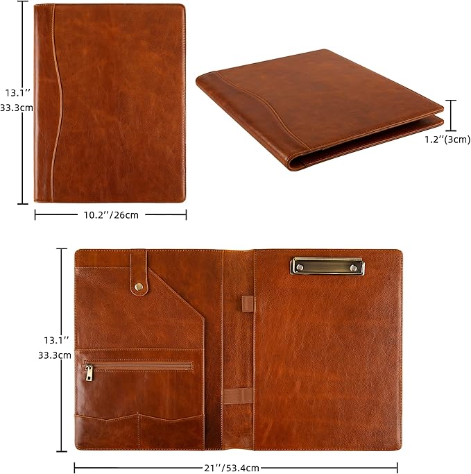 Personalized Leather Portfolio for Men, Engraved Leather Clipboard Portfolio Binder, Custom Leather Resume Padfolio for Women, Christmas Gift for His/Her (Clipboard, Shiny Brown-Custom)