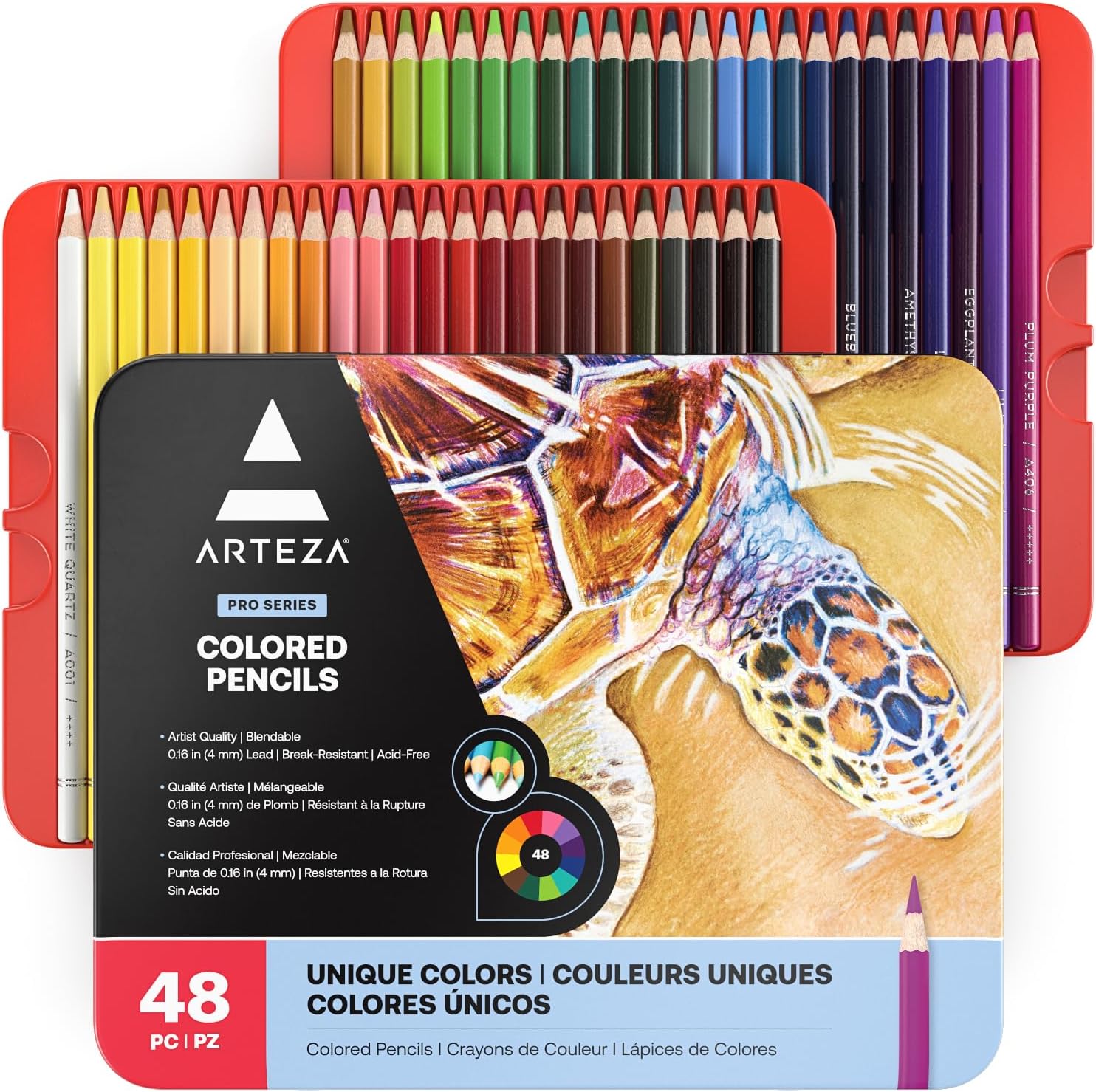 ARTEZA Colored Pencils, 48 Wax-Based Color Pencils, Vibrant Coloring Pencils in Tin Box for Adults, Professional Art Supplies