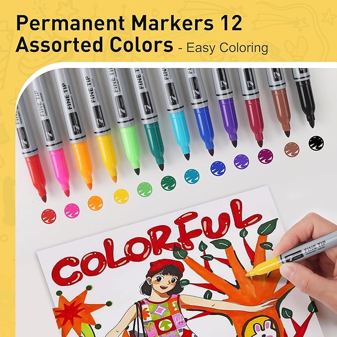 TOWON Permanent Markers 12 Assorted Colors - Waterproof Colored Fine Tip Pens Set, Home Office School Supplies for Kids, Adults Coloring