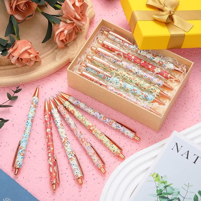 Glenmal 12 Pcs Flower Pens for Women Floral Ballpoints Pretty Fancy Pens Retro Floral Cute Ballpoints Black Ink Metal Retractable Writing Journaling Gifts for Office Supplies