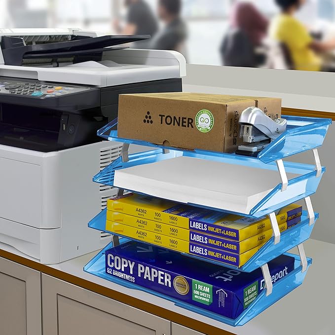 Acrimet 4 Tier Side Load Letter Tray Facility, Desktop File Organizer, A4 Letter Size Paper Organizer, Minimalist Storage Solution Paper Tray for Office, Home, Classroom (Plastic, Clear Blue Color)