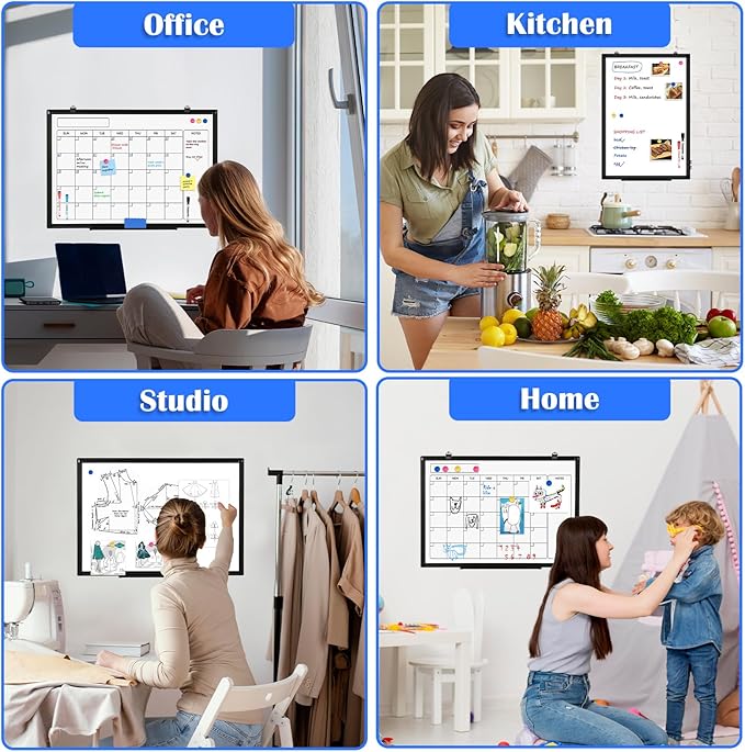 Monthly Calendar Dry Erase Whiteboard, 24" x 18" Magnetic Calendar White Board, Double-Sided Portable Board with Black Aluminium Frame for Office, Kitchen, School, Home