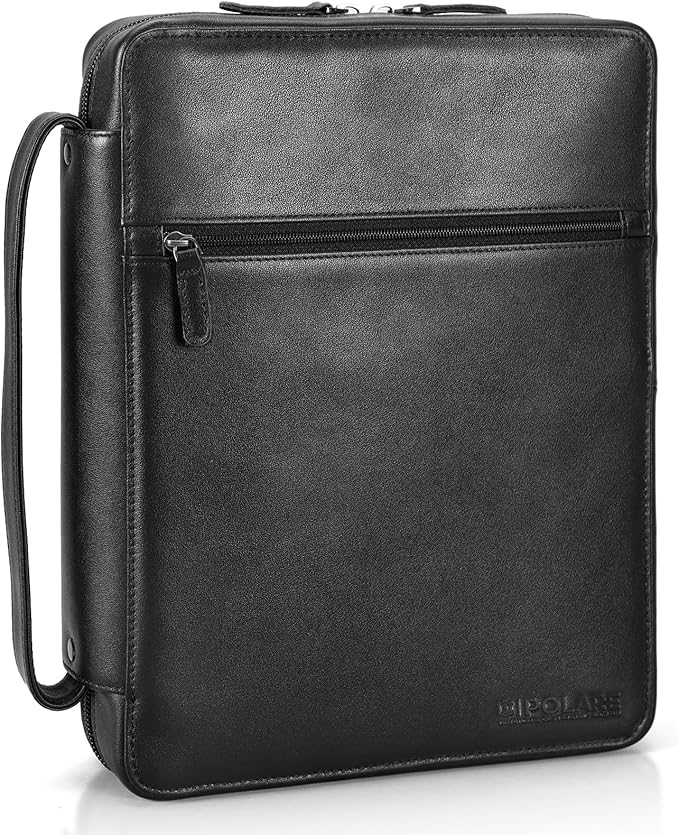 Polare Napa Leather Bible Cover Church Bag Bible Protective Book Holder Carrying Case Folder Organizer Portfolio, Black