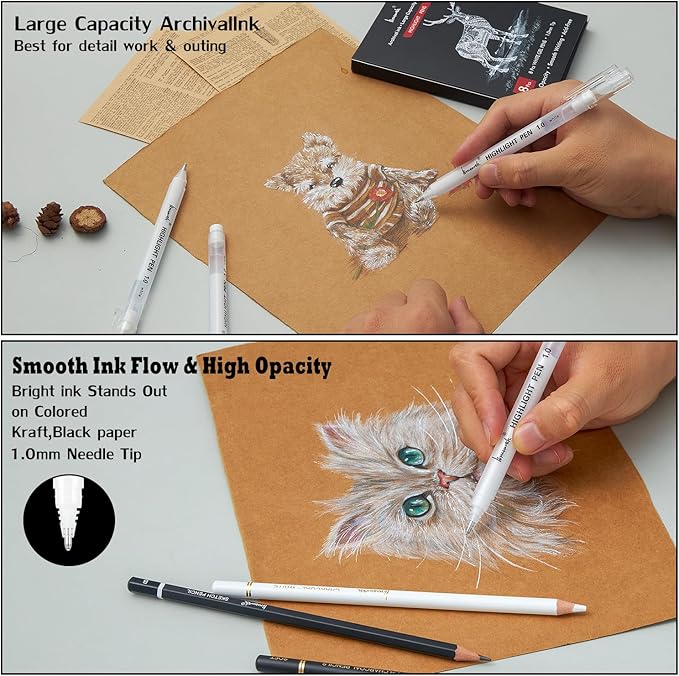 White Pens, White Gel Pens for Artists, 1mm Extra Fine Point, White Pens for Black Paper, White Gel Pen, White Ink Pen, White Drawing Pens,White Pen for Artists Drawing, 8 Pack