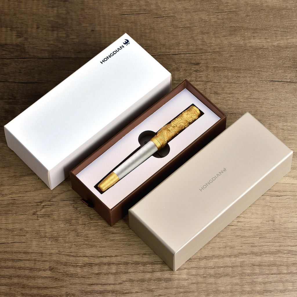 Hongdian A24 Fountain Pen Fine Nib, Snow White & Golden Dragon Stereoscopic Carving Cap Design