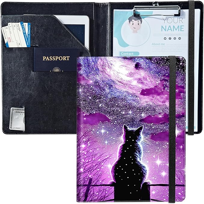 PU Leather Padfolio Clipboard Notepad with Pen Loop and Elastic Strap Interview/Resume Document Organizer for Business School Office,Hipster Cat Galaxy