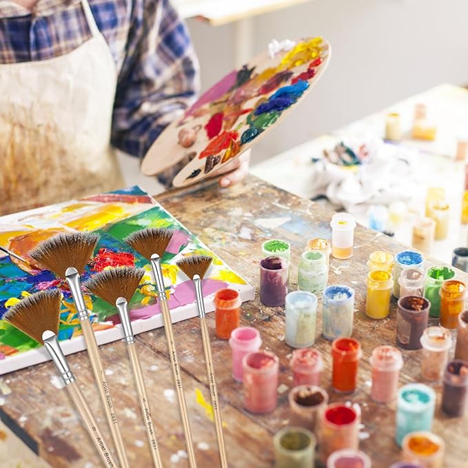 Prasacco 5 Pieces Fan Brush for Painting, Oil Acrylic Paint Brushes Artist Fan Brushes Nylon Hair Long Wood Handle Painting Brush for Acrylic Watercolor Oil Gouche Painting(1#, 3#, 5#, 7#, 9#)