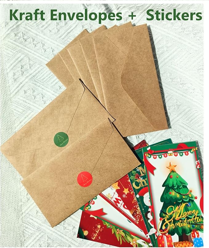 Christmas Cards Christmas Money Cards with Kraft Envelopes - 10 Cards with 10 Kraft Envelopes 10 Festive Holiday Stickers -Red Card-GreenTree