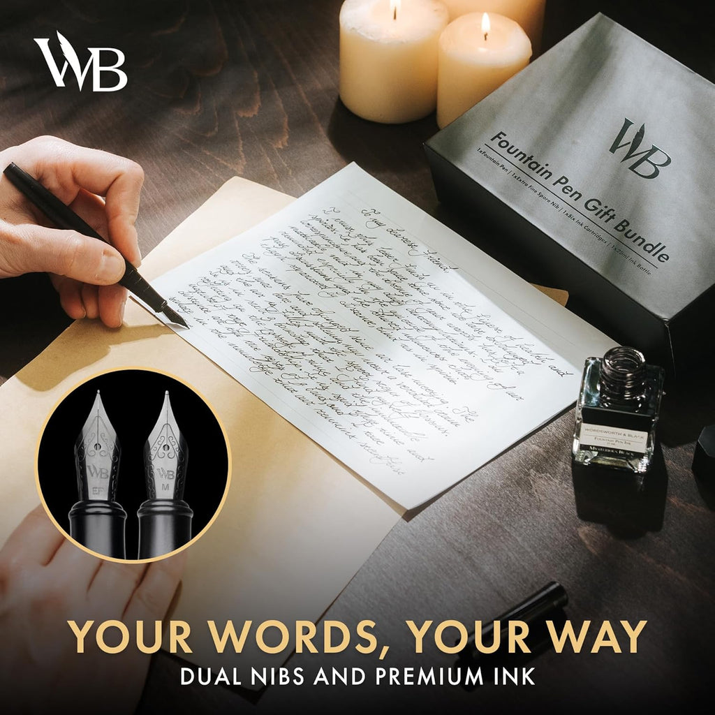 Wordsworth & Black Fountain Pen Set, 18K Gilded Medium and Extra Fine Nib, 25ML Black Ink Bottle, 6 Ink Cartridges,Refill Converter,Gift Box,Smooth Writing Pens [All Black],Gift Set for Men and Women