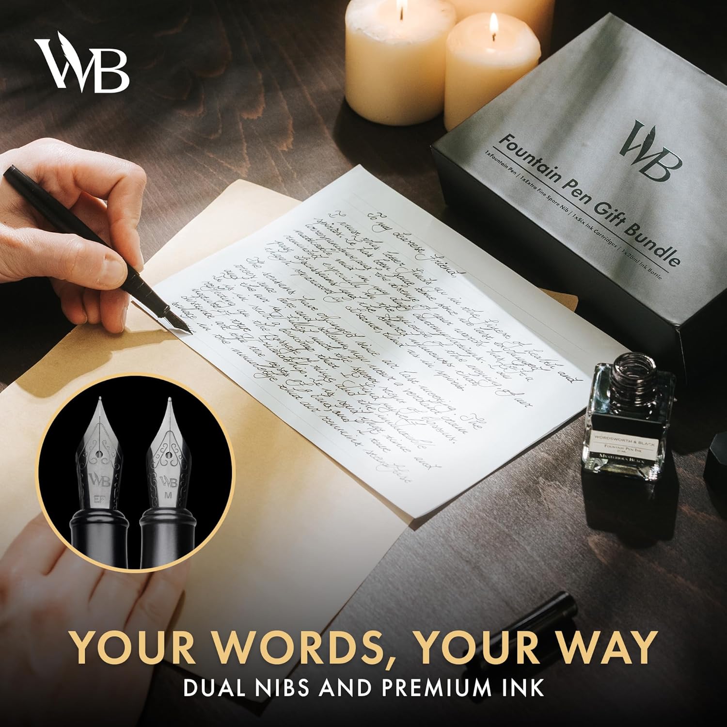 Wordsworth & Black Fountain Pen Set, 18K Gilded Medium and Extra Fine Nib, 25ML Black Ink Bottle, 6 Ink Cartridges,Refill Converter,Gift Box,Smooth Writing Pens [All Black],Gift Set for Men and Women