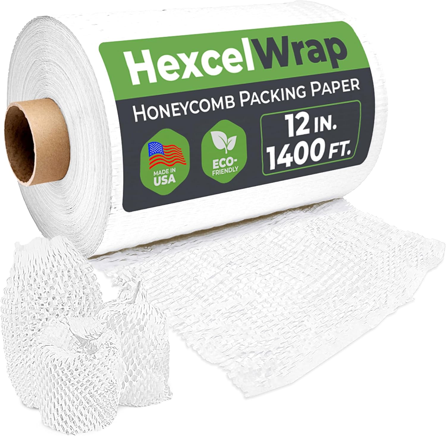 HexcelWrap Honeycomb Packing Paper - Eco-Friendly, Sustainable Paper Bubble Wrap for Shipping and Moving, Cushioned Packing Material. No Tape Needed - White, 12" x 1400'