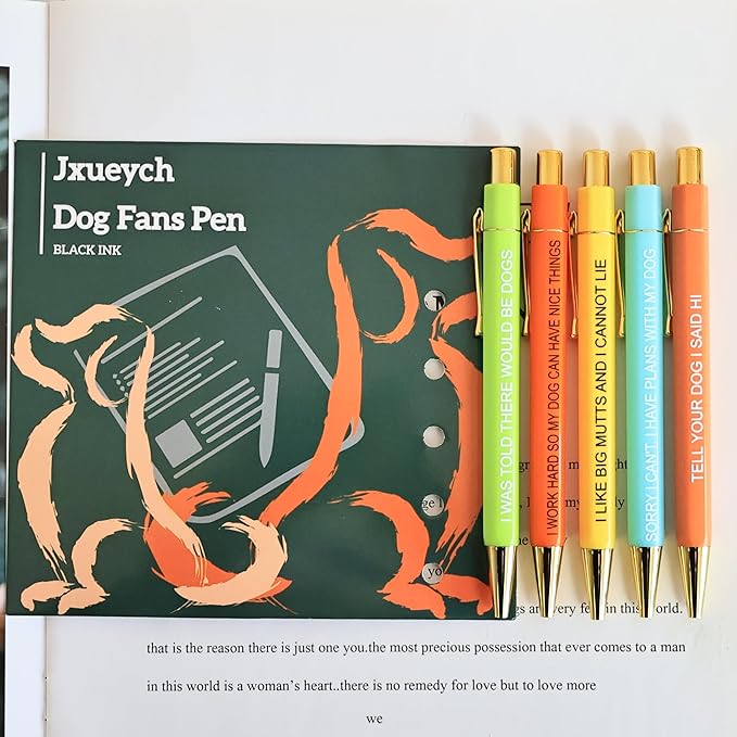 Jxueych Funny Pens, 5-Count Black Ink Medium Nib 1.0mm, Funny Office Gifts for Coworkers, Personalized Pens Vibrant Quotes Swear Word Daily Pen Set (Dog Fans)