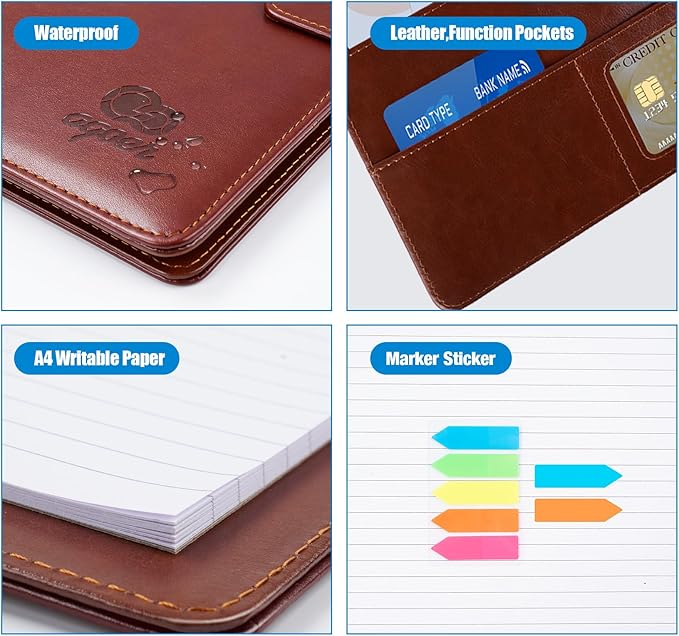 PU Leather Padfolio,A4 Leather Folder Binder Storage Clipboard with Magnetic Closure Cover,Business Resume Folder with Luxury Pen,Notepads,Sticky Tabs for Interview,Conference,Gift Portfolios (Brown)