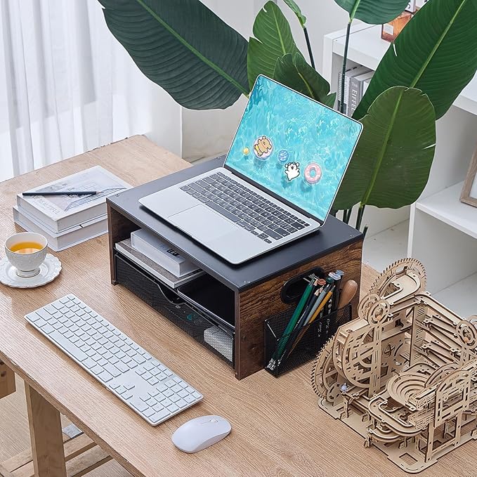 Printer Stand,Desktop Printer Stand with 2-Tier Storage Shelves for Home Office，Desk Organizer with Drawer and 2 Pen Holders for Fax Machine Scanner Files