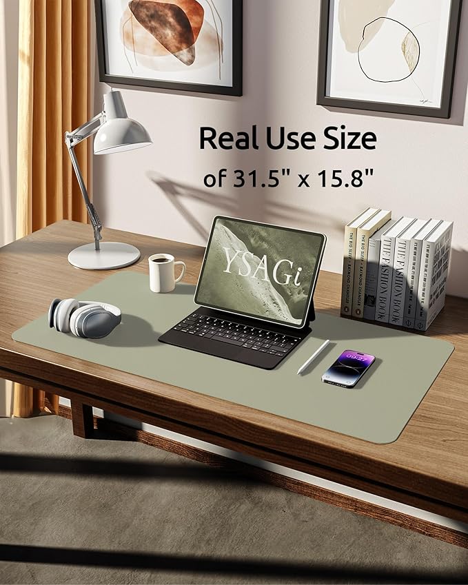 YSAGi Leather Desk Protector, Office Mat, Large Mouse Mat, Non-Slip PU Leather Blotter, Laptop Desk, Waterproof Writing Pad for Office and Home (Sage Green, 31.5" x 15.8")