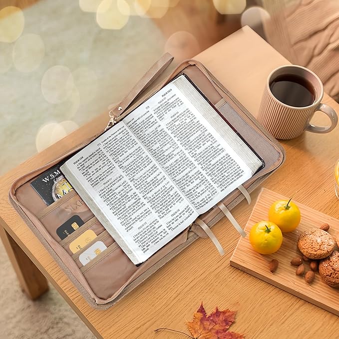 Bible Cover Case, Premium Bible Case, Leather Carrying Book Case with Handle&Zippered Pocket for Standard Size Bible and Bible Accessories, Ideal Gift for Women Men Lady Girls (Fits Smaller Bibles)